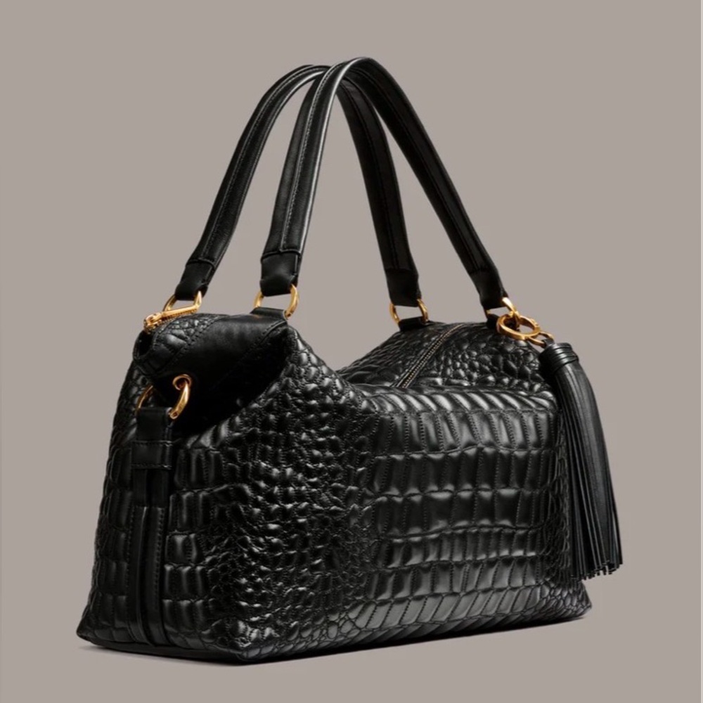 NWT Donna Karan Glenwood Quilted Croc Top Handle Satchel Tassel. Black Gold. - Picture 2 of 12